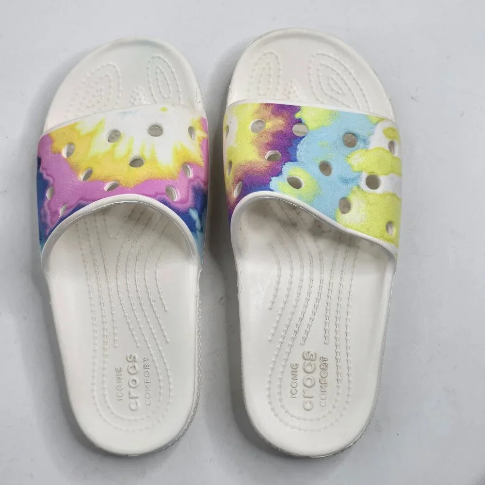 CROCS Classic Slide Kids Sandals Mens 3 / Womens 5 Tie Dye Graphic White